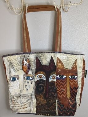 Vintage 90s Laurel Burch Artisan Multicolor Cat Print Tote Bag